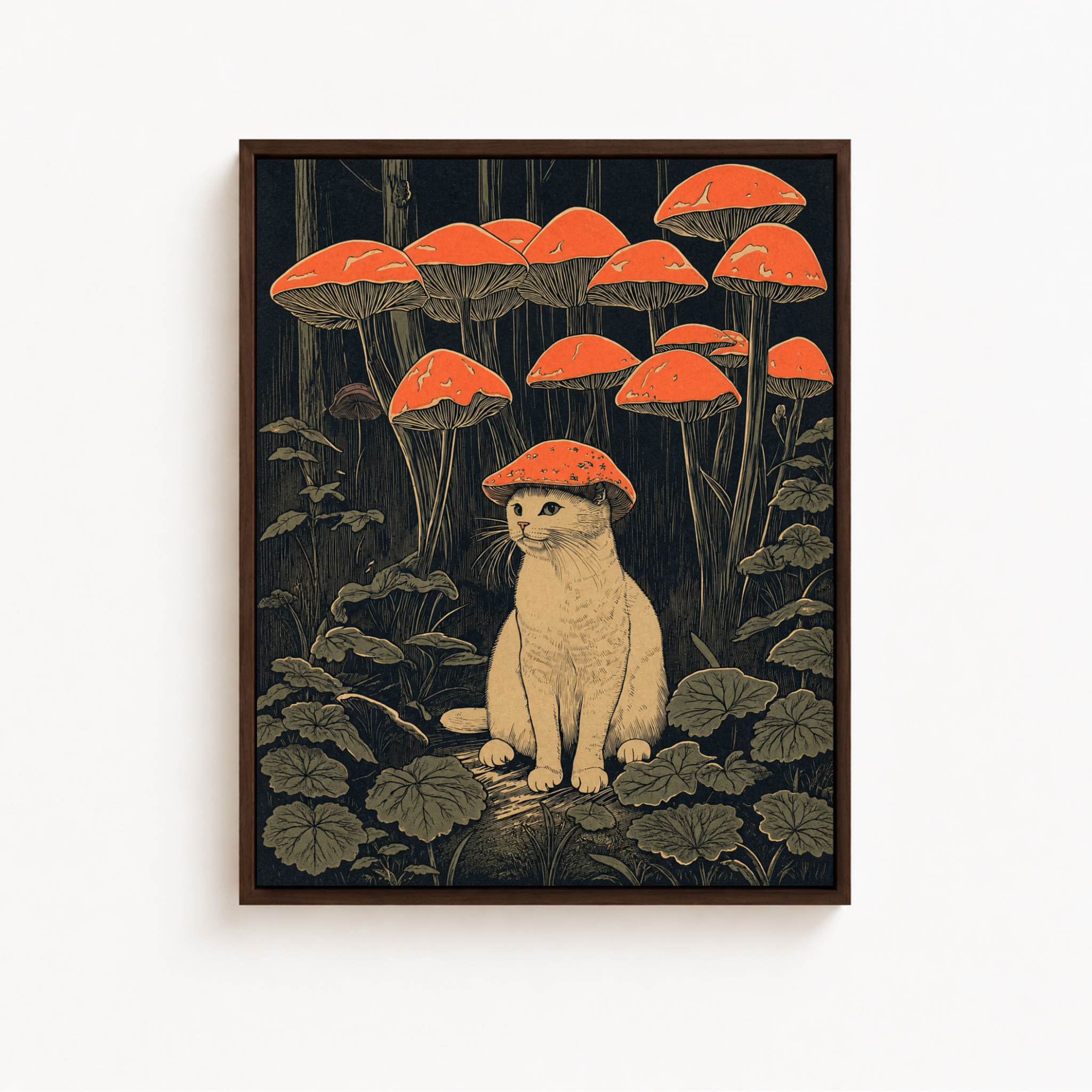 White Cat Mushroom Forest Canvas Wall Art Aura Canvas