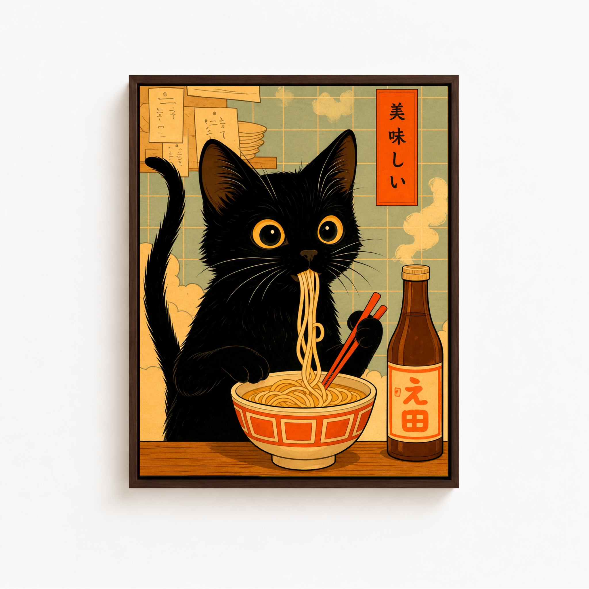 Black Cat Eating Ramen Canvas Wall Art Aura Canvas