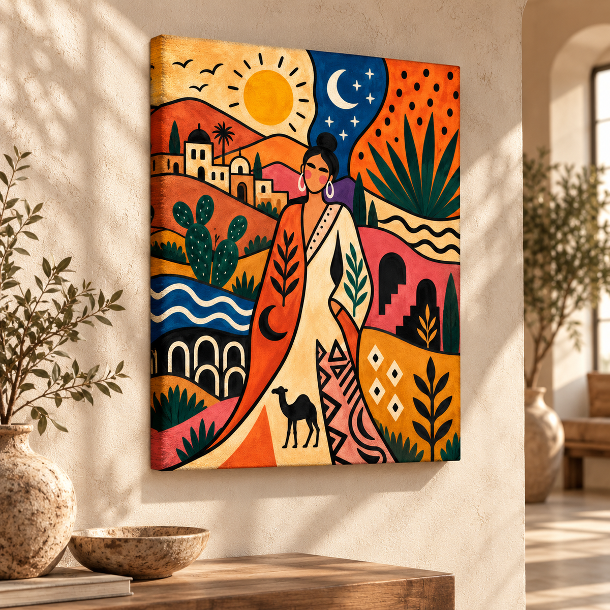 Boho Desert Woman Sun and Moon Canvas Wall Art - canvas detail view 6