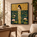 Golden Lotus Woman Art Nouveau Canvas Wall Art - canvas close-up detail