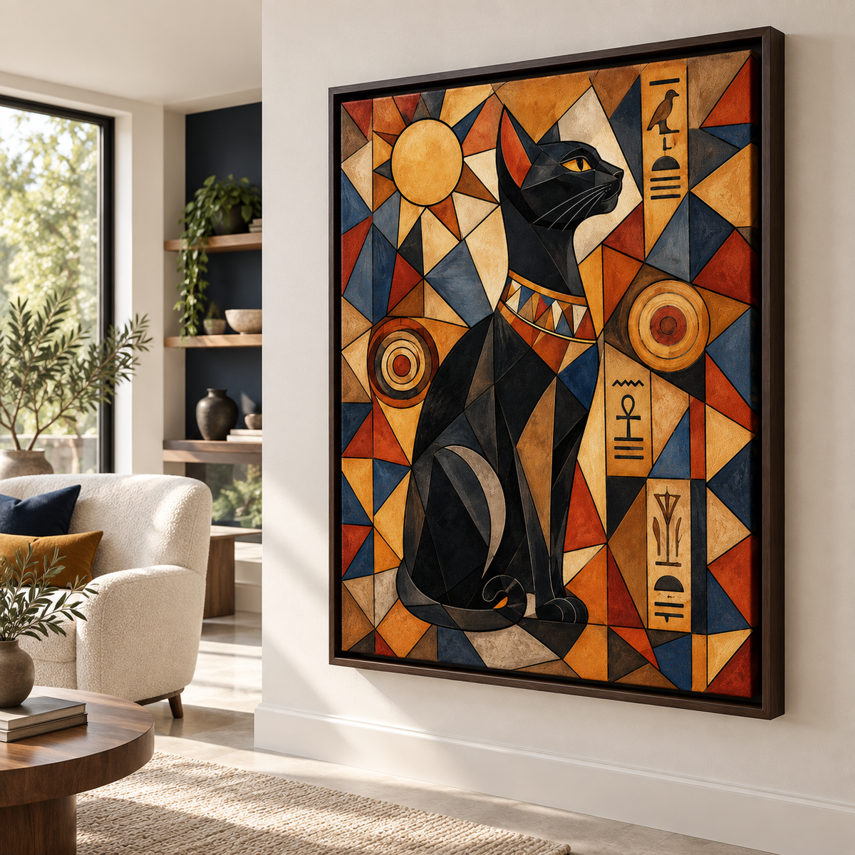 Egyptian Black Cat Geometric Canvas Wall Art - lifestyle room mockup