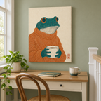 Cozy Frog with Coffee Canvas Wall Art