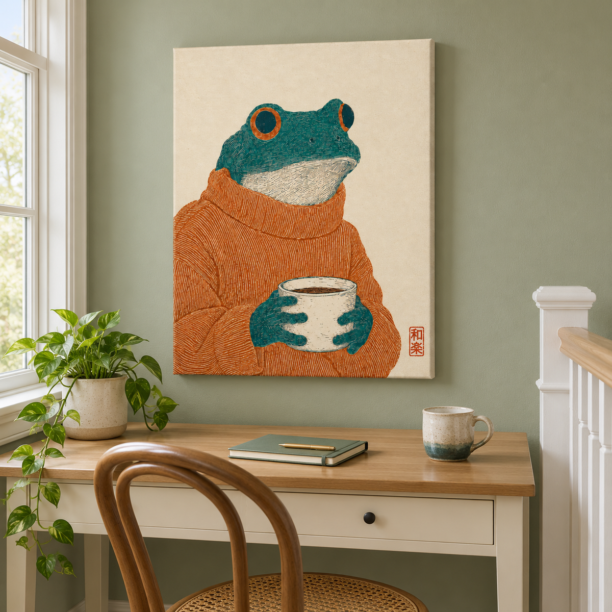 Cozy Frog with Coffee Canvas Wall Art