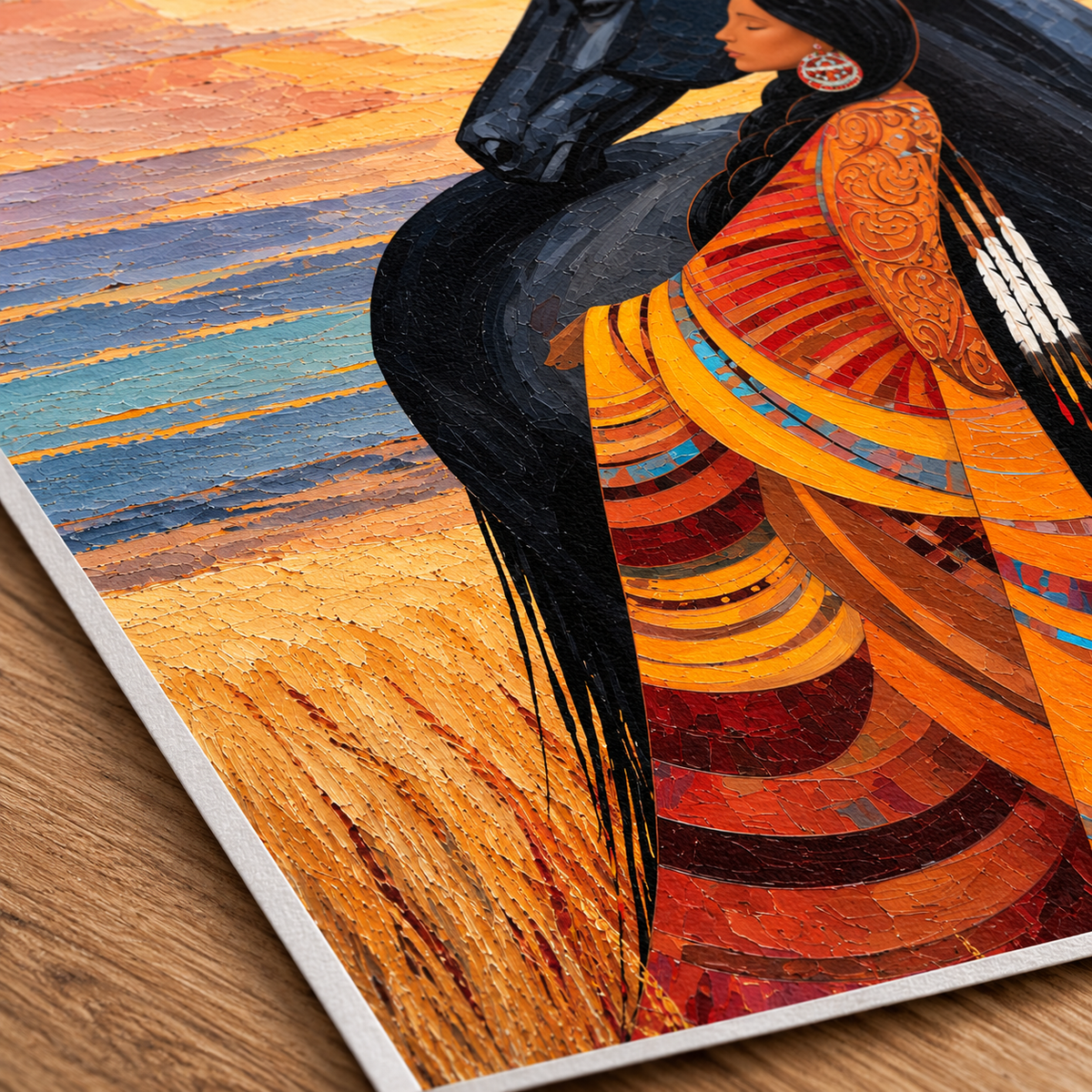 Woman and Black Horse Western Canvas Wall Art - canvas detail view 12