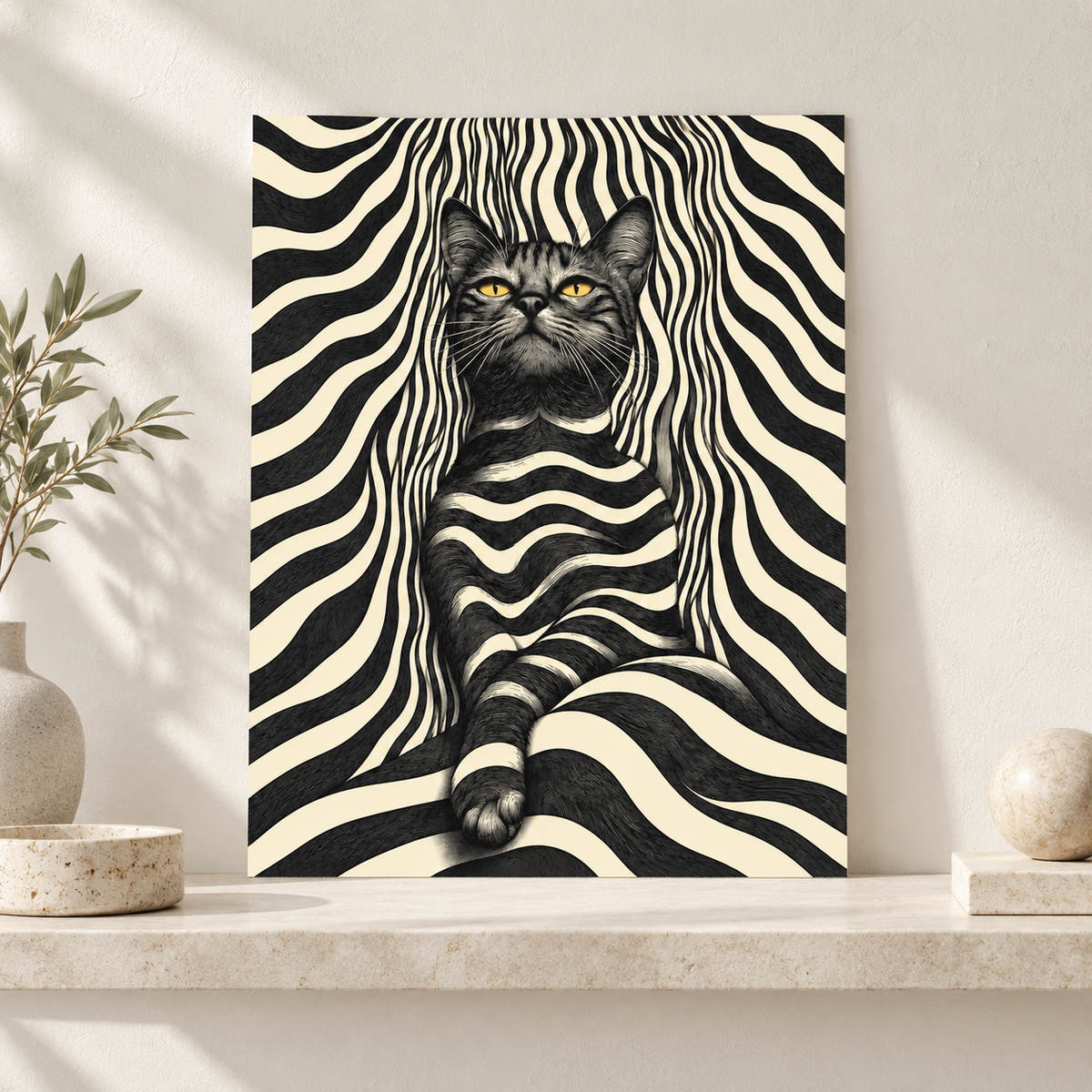 Black Cat Optical Illusion Striped Canvas Wall Art - canvas detail view 8