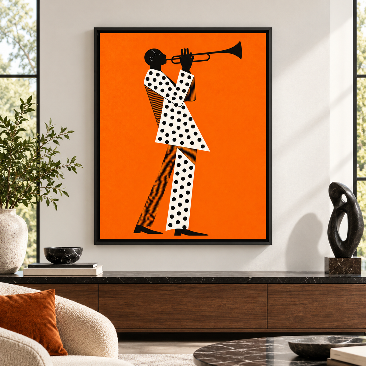 Orange Jazz Trumpet Player Canvas Wall Art - main canvas artwork