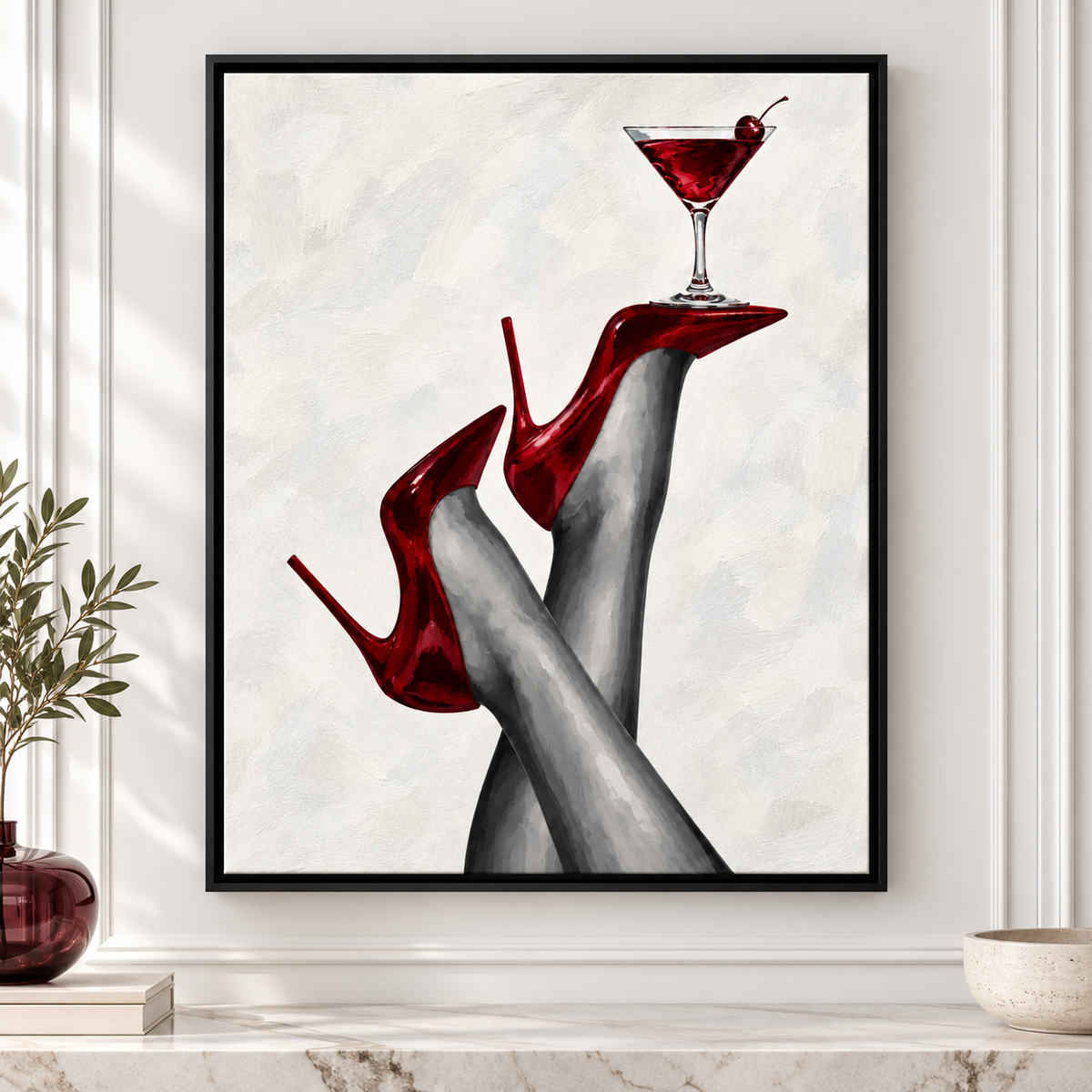 Red High Heels and Cherry Cocktail Canvas Wall Art