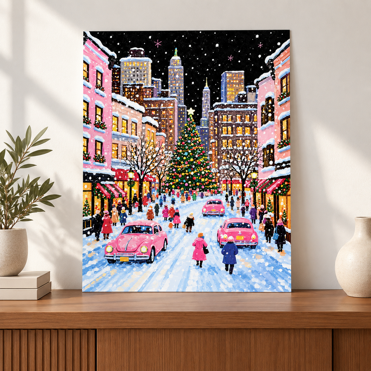 Pink Christmas City Street Canvas Wall Art - canvas detail view 8