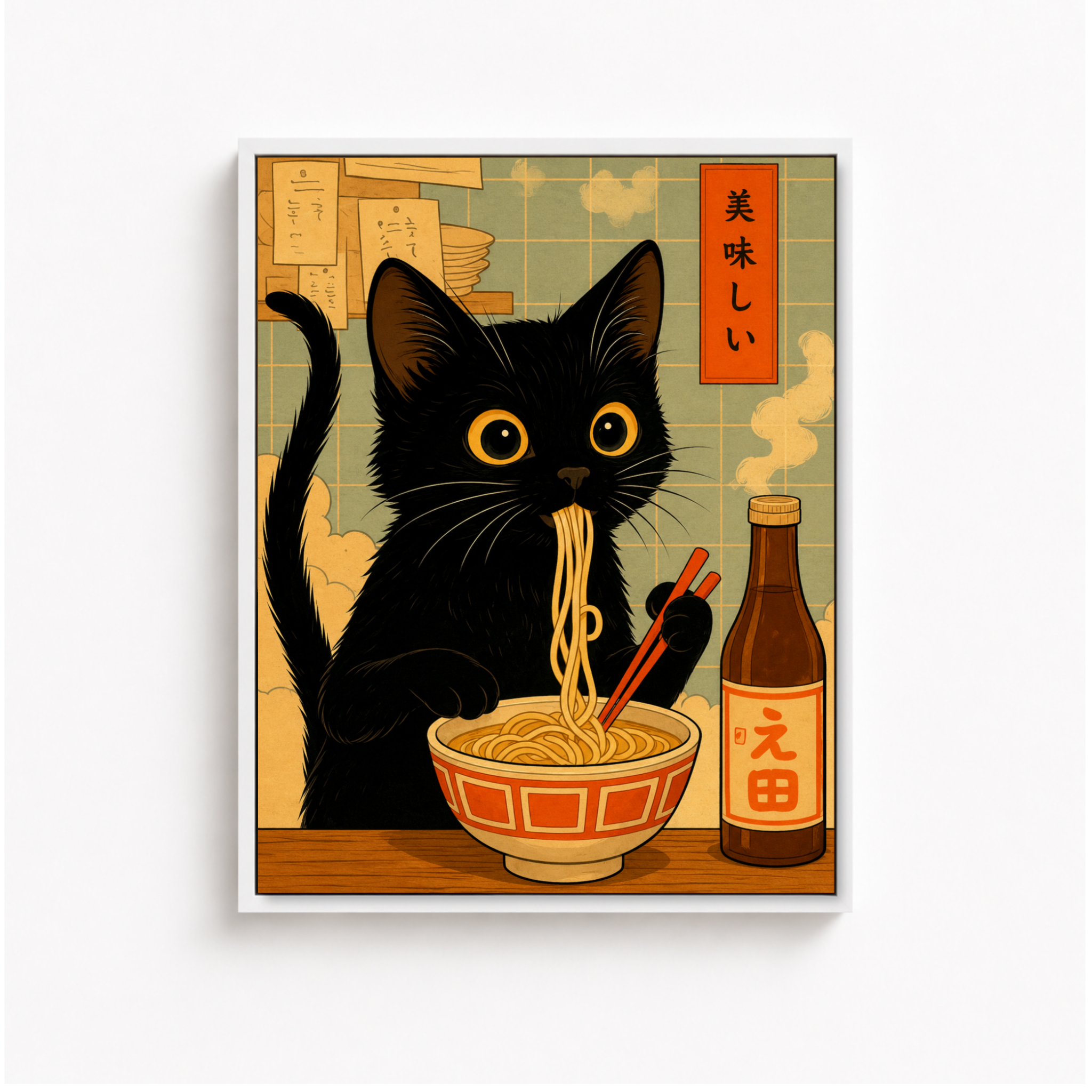 Black Cat Eating Ramen Canvas Wall Art Aura Canvas