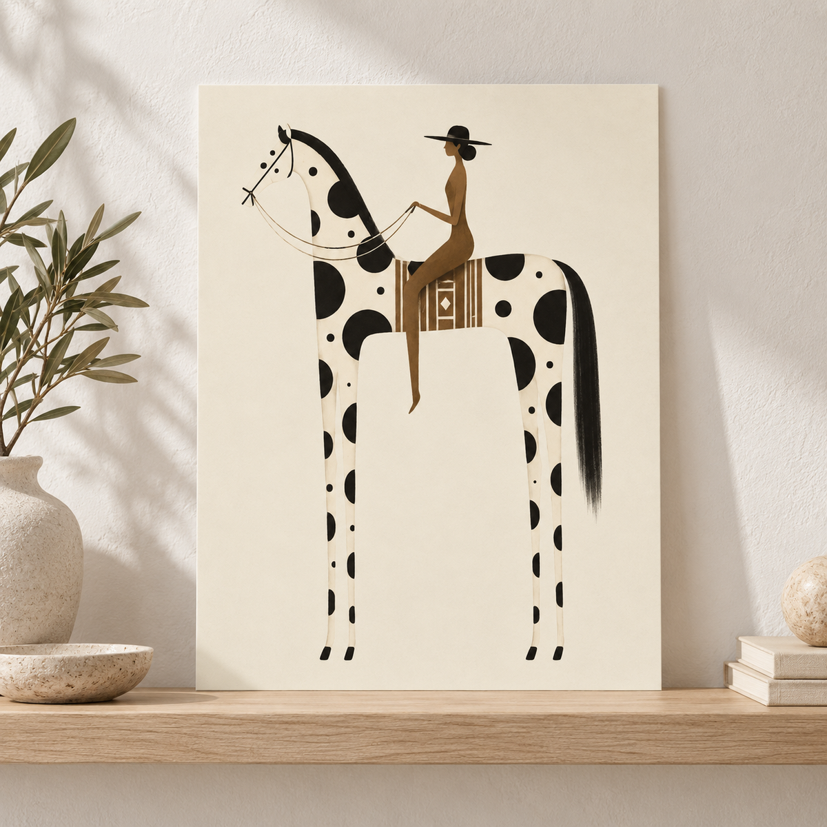 Minimalist Woman Riding Spotted Horse Canvas Wall Art - canvas detail view 8