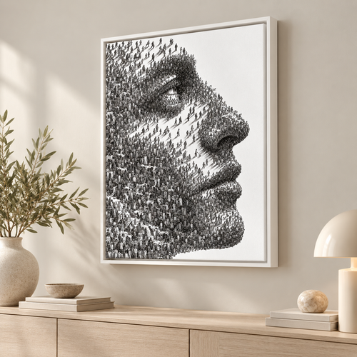 Black and White Crowd Face Portrait Canvas Wall Art - lifestyle room mockup