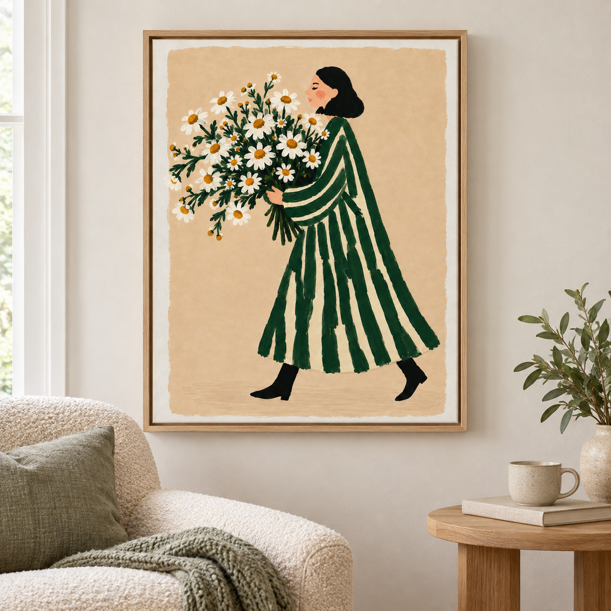 Woman with Daisy Bouquet Canvas Wall Art