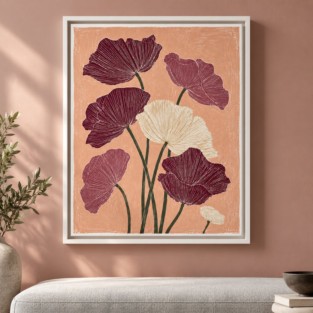 Burgundy and Cream Boho Floral Canvas Wall Art - canvas detail view 3