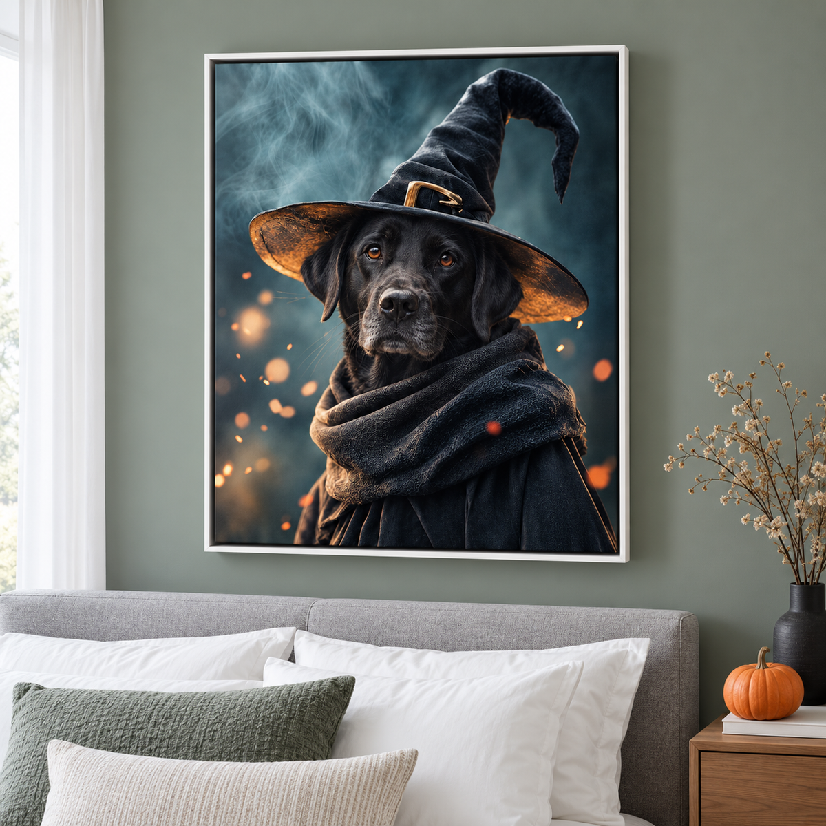 Custom Ember Glow Witch Pet Portrait Canvas Wall Art - framed canvas mockup