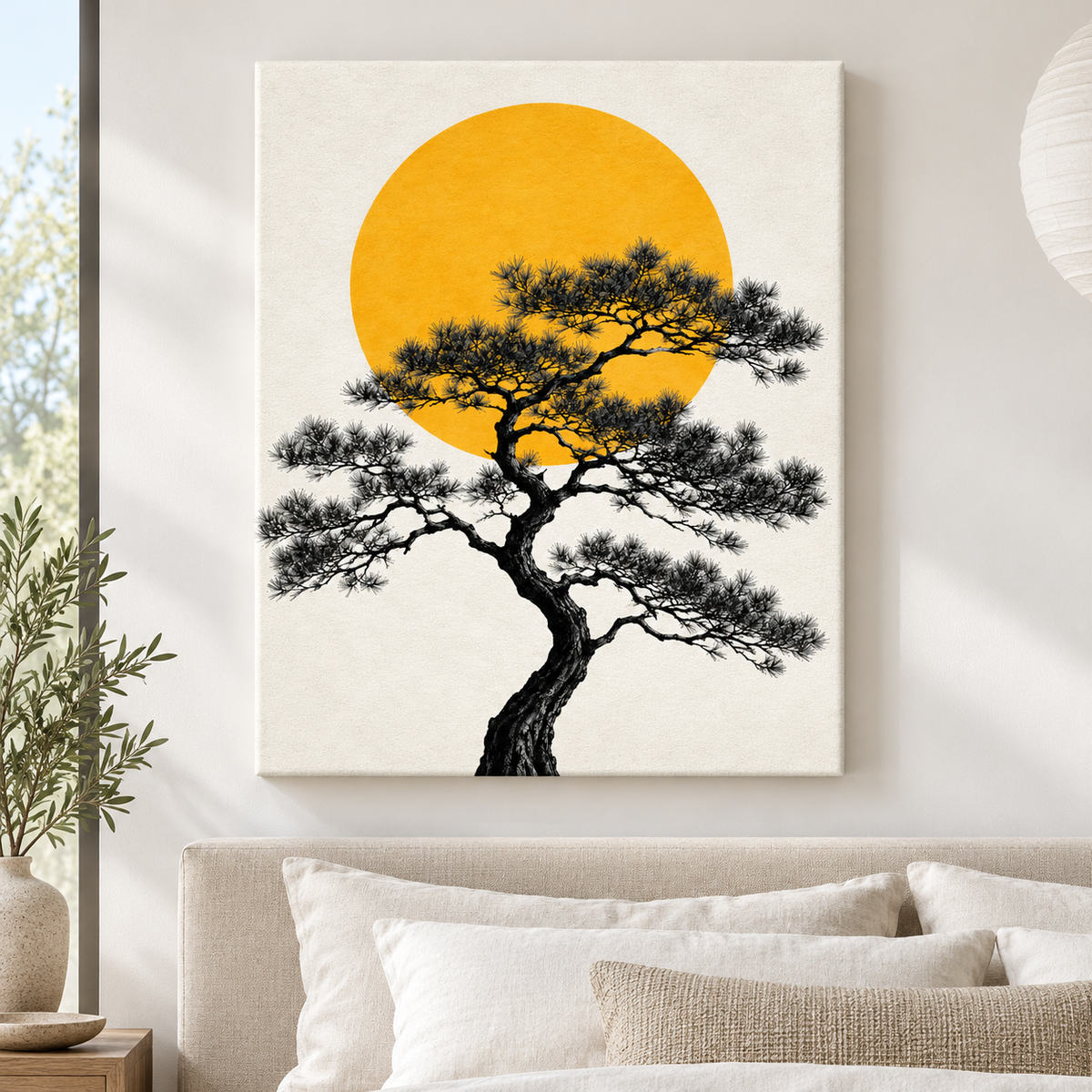 Japanese Pine Tree with Golden Sun Canvas Wall Art