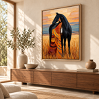 Woman and Black Horse Western Canvas Wall Art - lifestyle room mockup