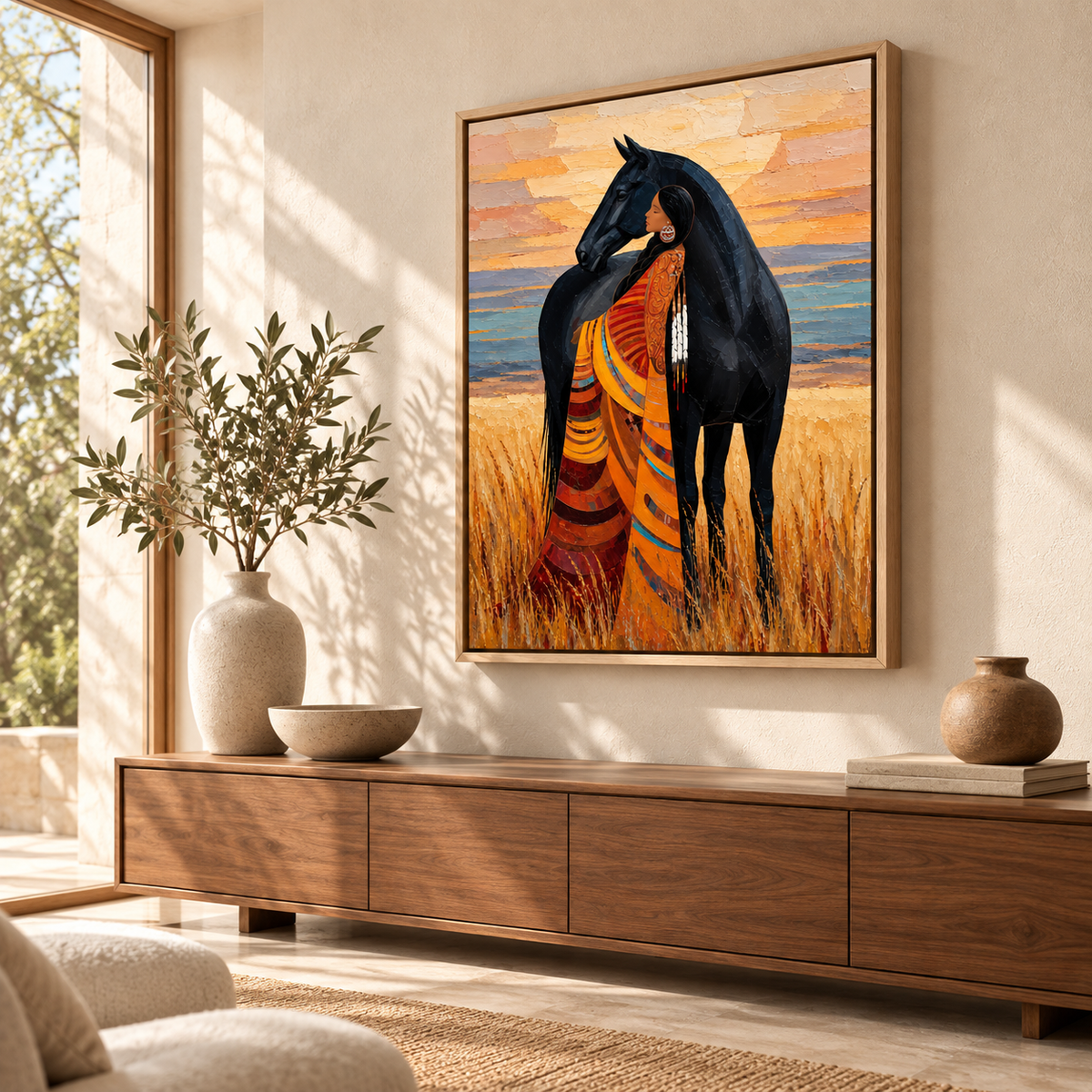 Woman and Black Horse Western Canvas Wall Art - lifestyle room mockup