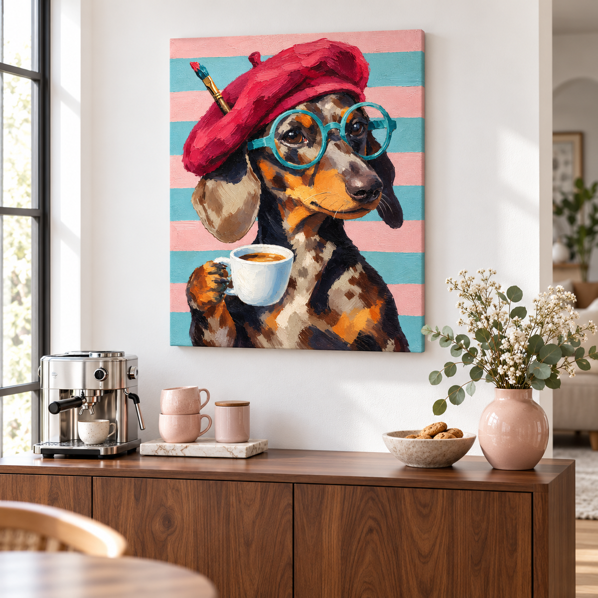 Funny Dachshund Artist with Coffee Canvas Wall Art