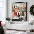 Snowy Christmas Village with Santa Sleigh Canvas Wall Art - canvas detail