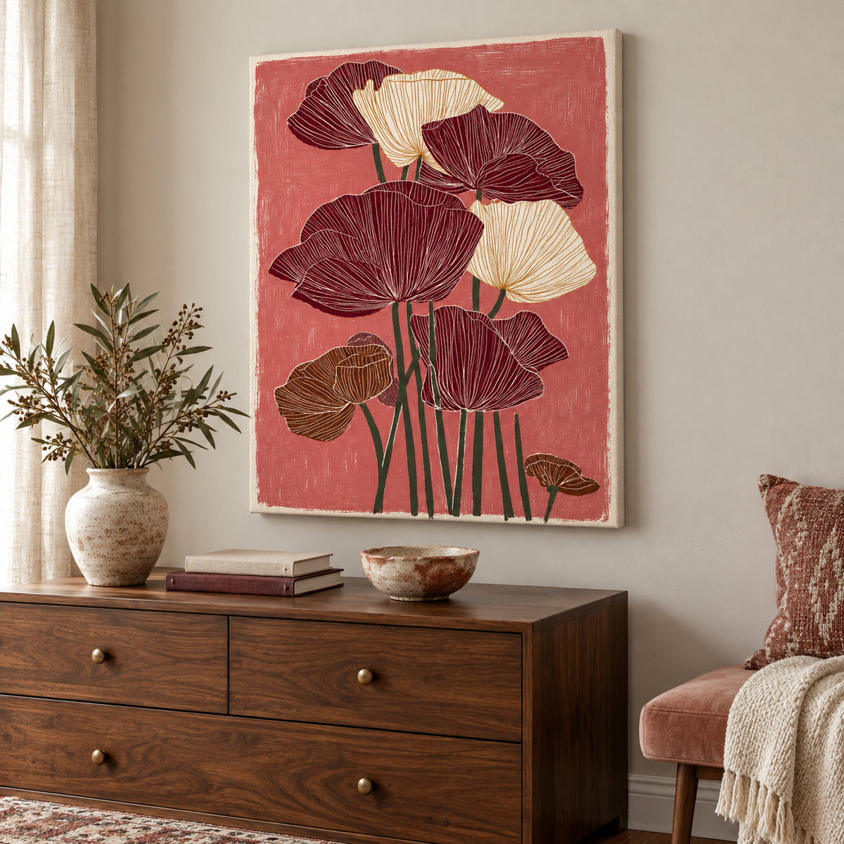 Burgundy and Cream Poppy Flowers Canvas Wall Art