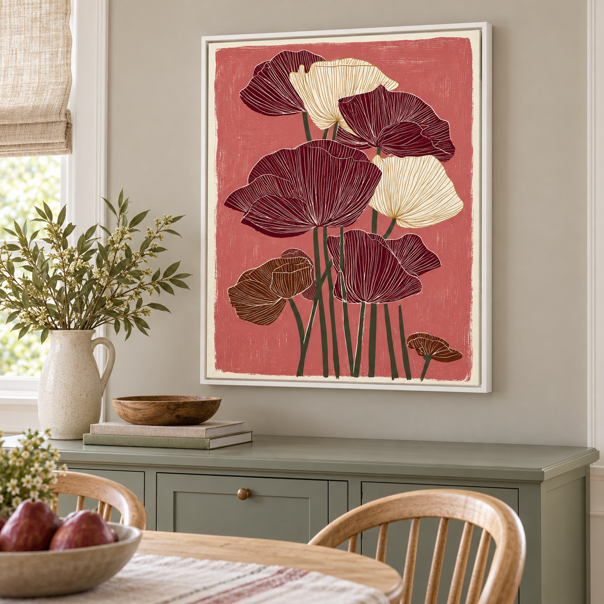 Burgundy and Cream Poppy Flowers Canvas Wall Art