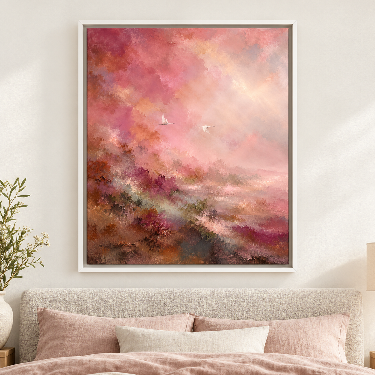 Blush Pink Abstract Landscape with Cranes Canvas Wall Art