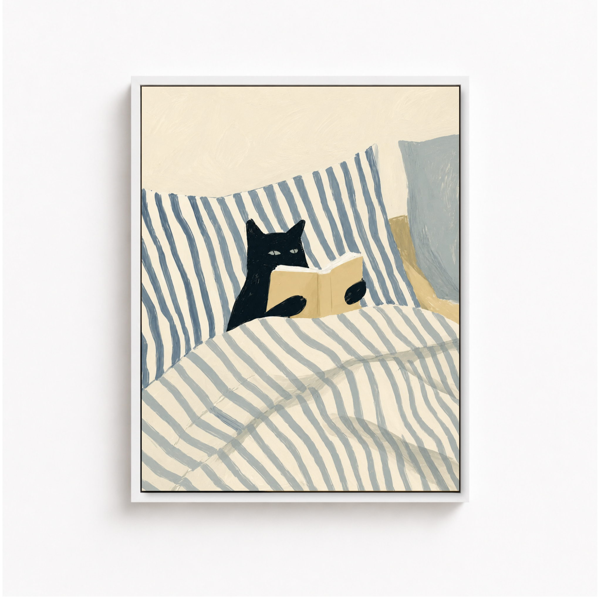 Black Cat Reading in Bed Canvas Wall Art Aura Canvas