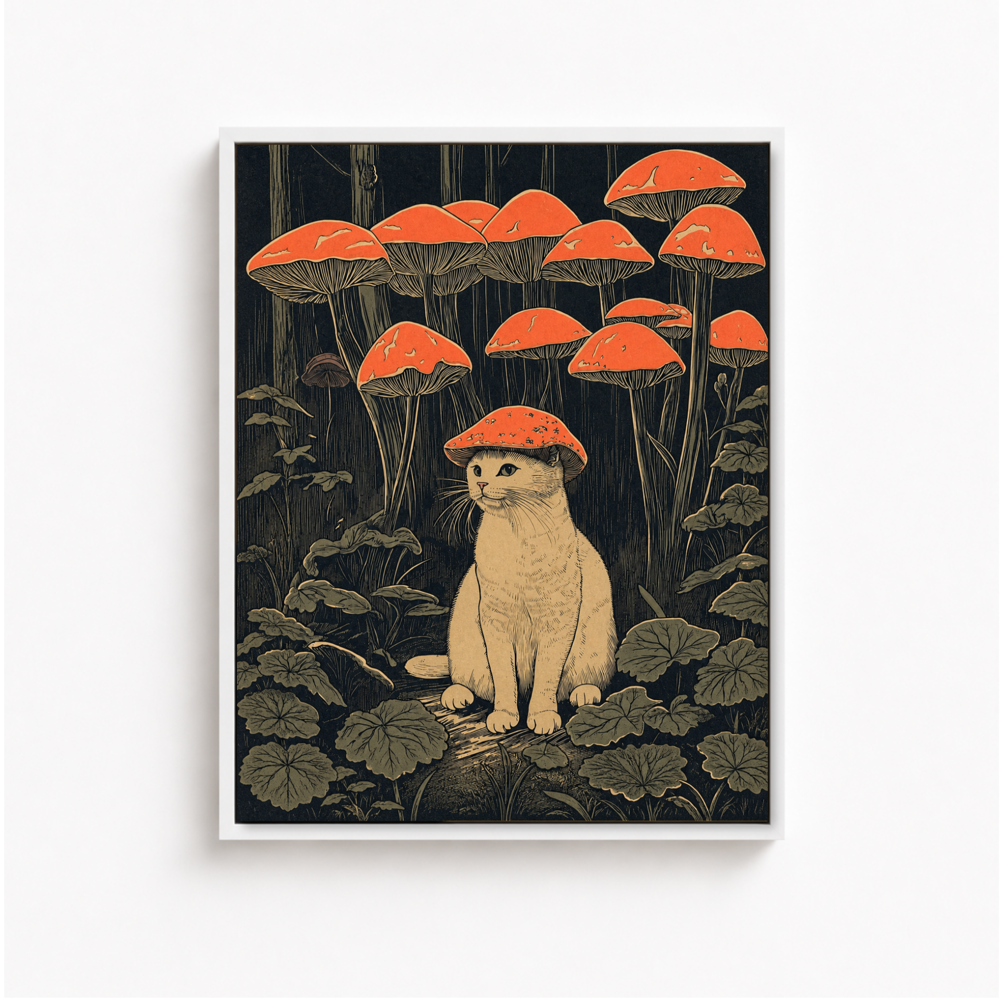 White Cat Mushroom Forest Canvas Wall Art Aura Canvas