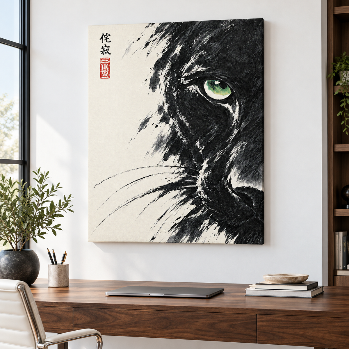 Japanese Black Cat Green Eye Canvas Wall Art