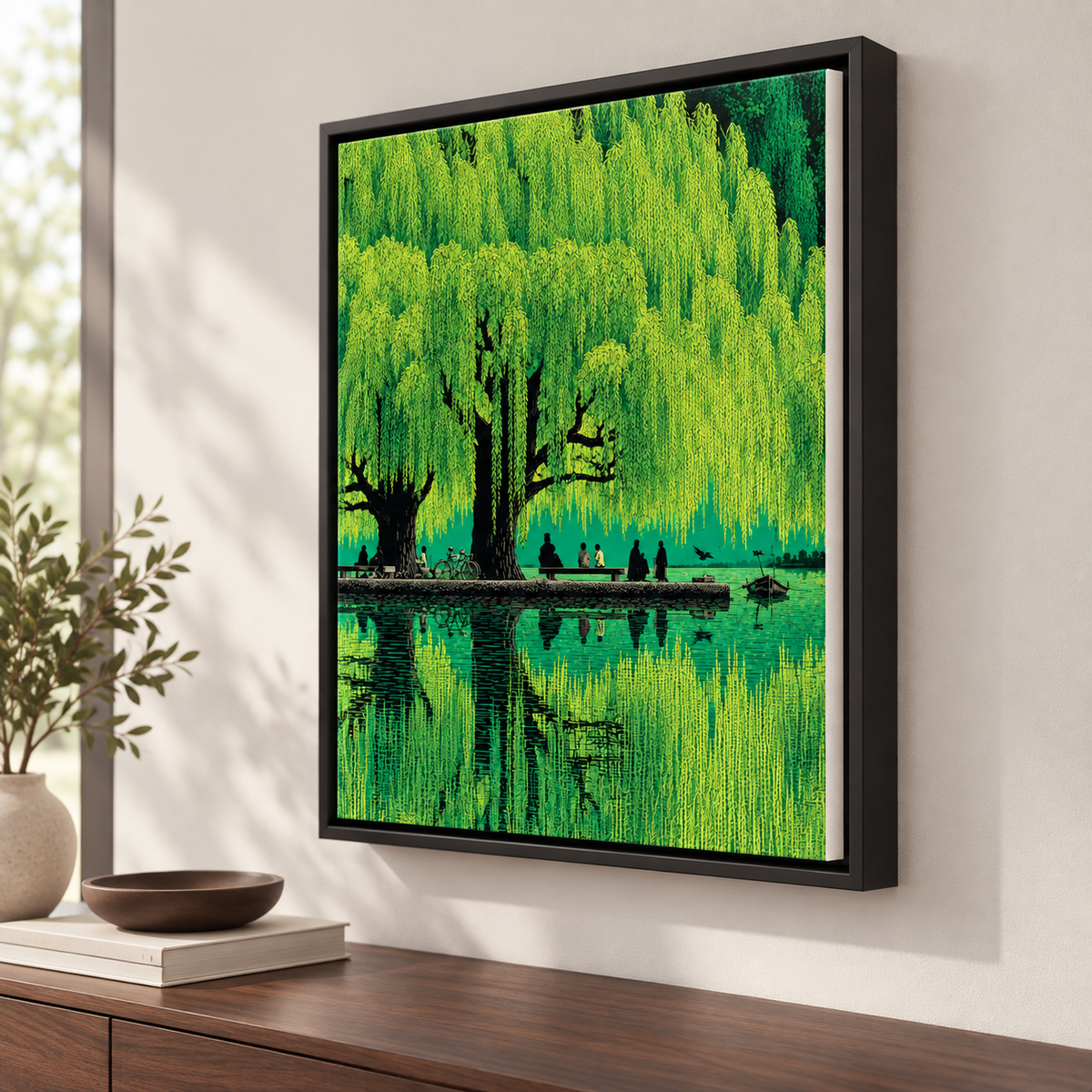 Weeping Willow Lake Green Landscape Canvas Wall Art - lifestyle room mockup