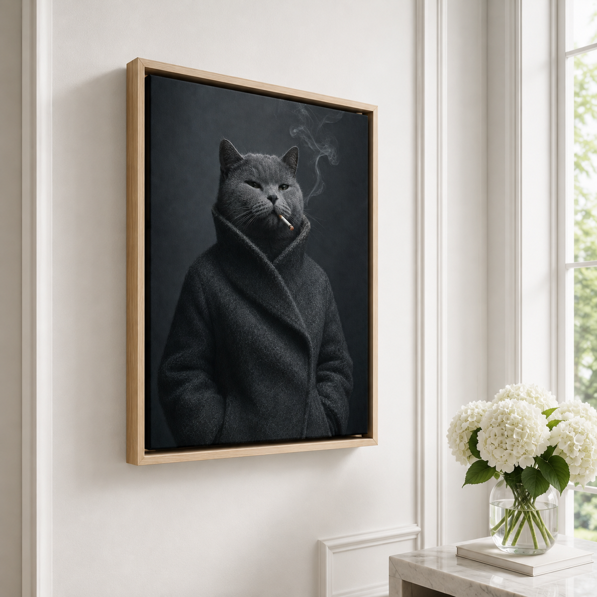 Custom Moody Gray Cat Portrait Canvas Wall Art