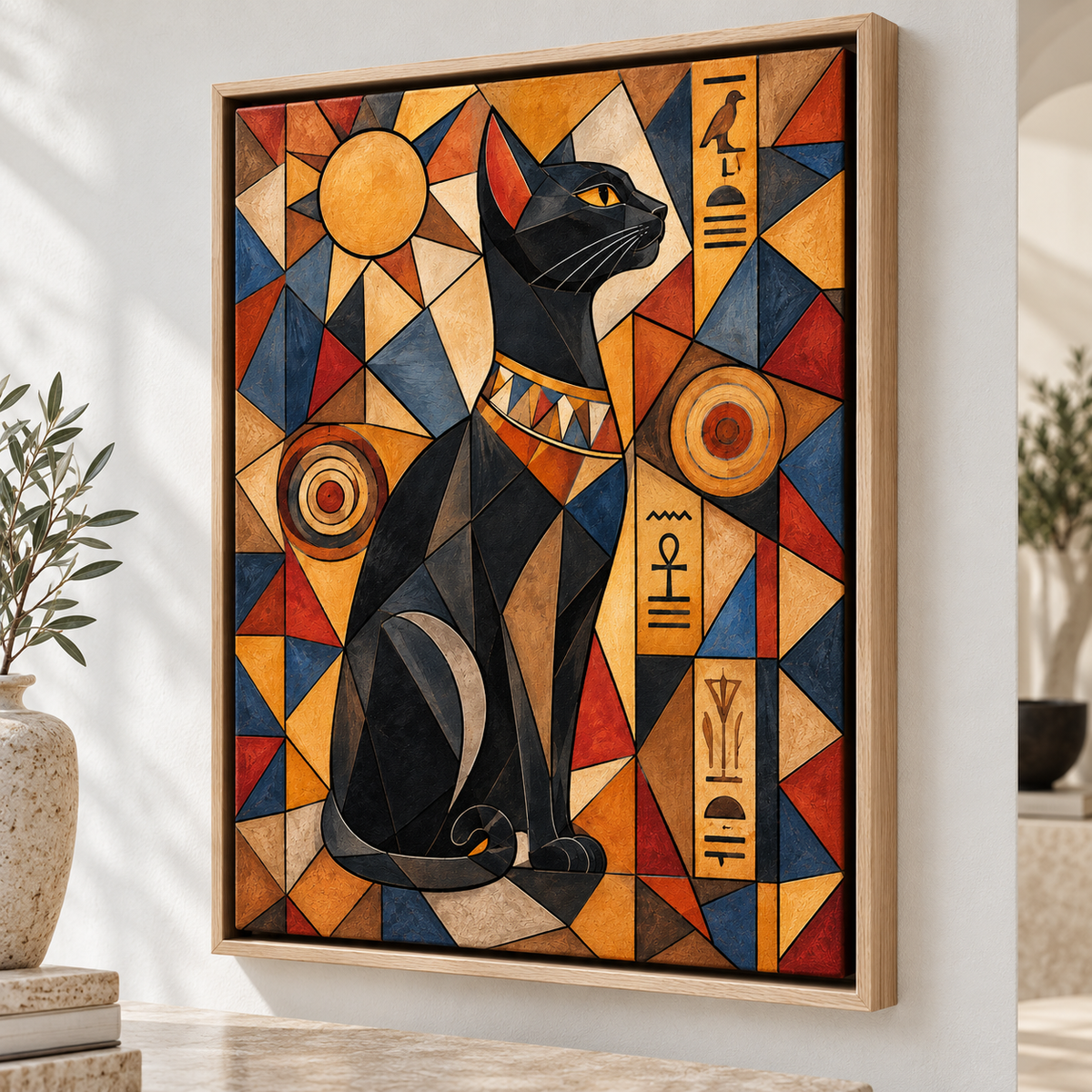 Egyptian Black Cat Geometric Canvas Wall Art - canvas close-up detail
