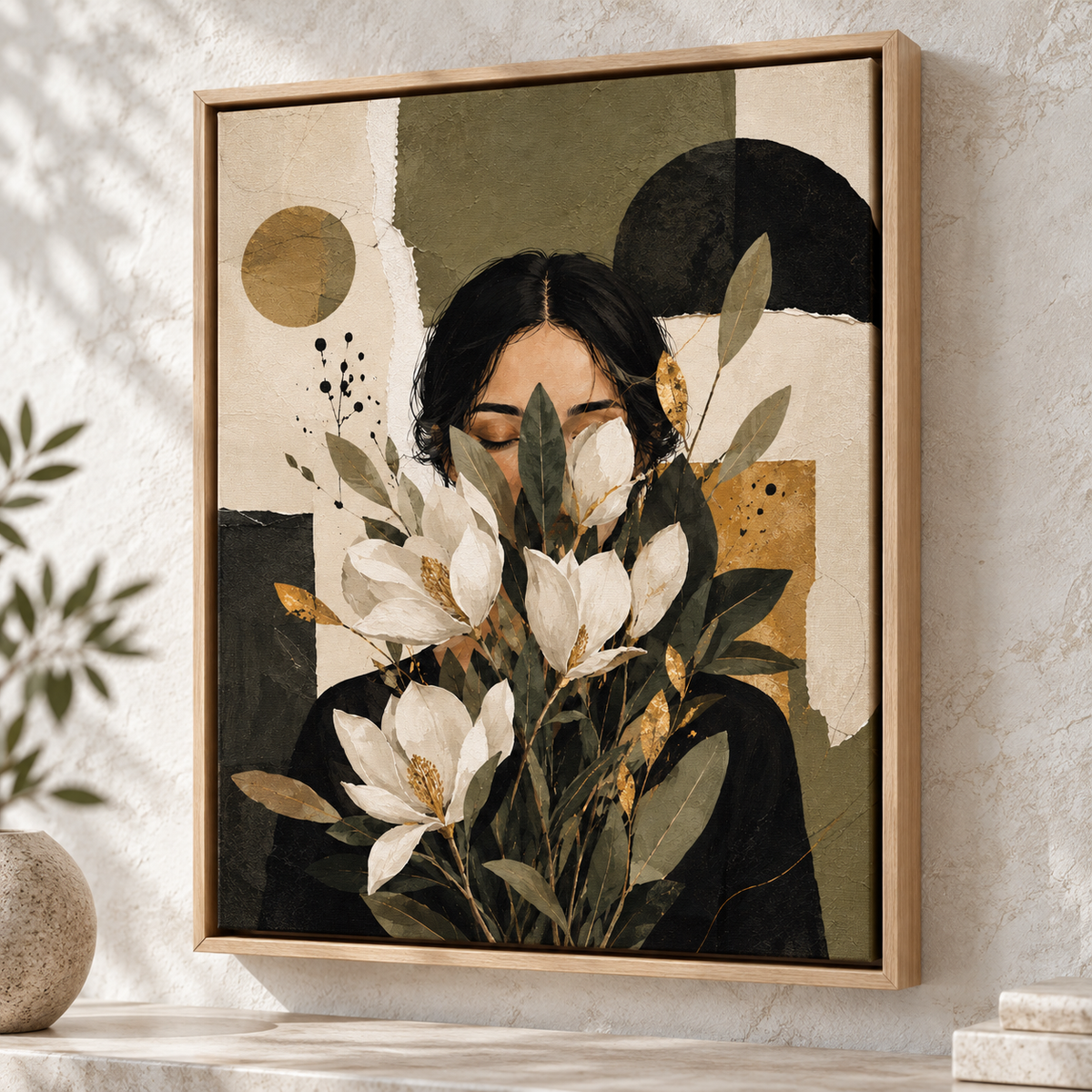 Boho Woman Portrait with White Flowers Canvas Wall Art - canvas close-up detail