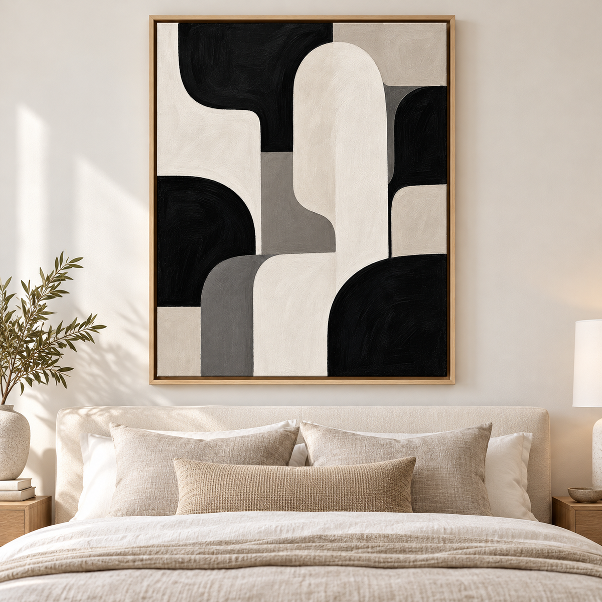 Black Cream and Gray Organic Shapes Canvas Wall Art