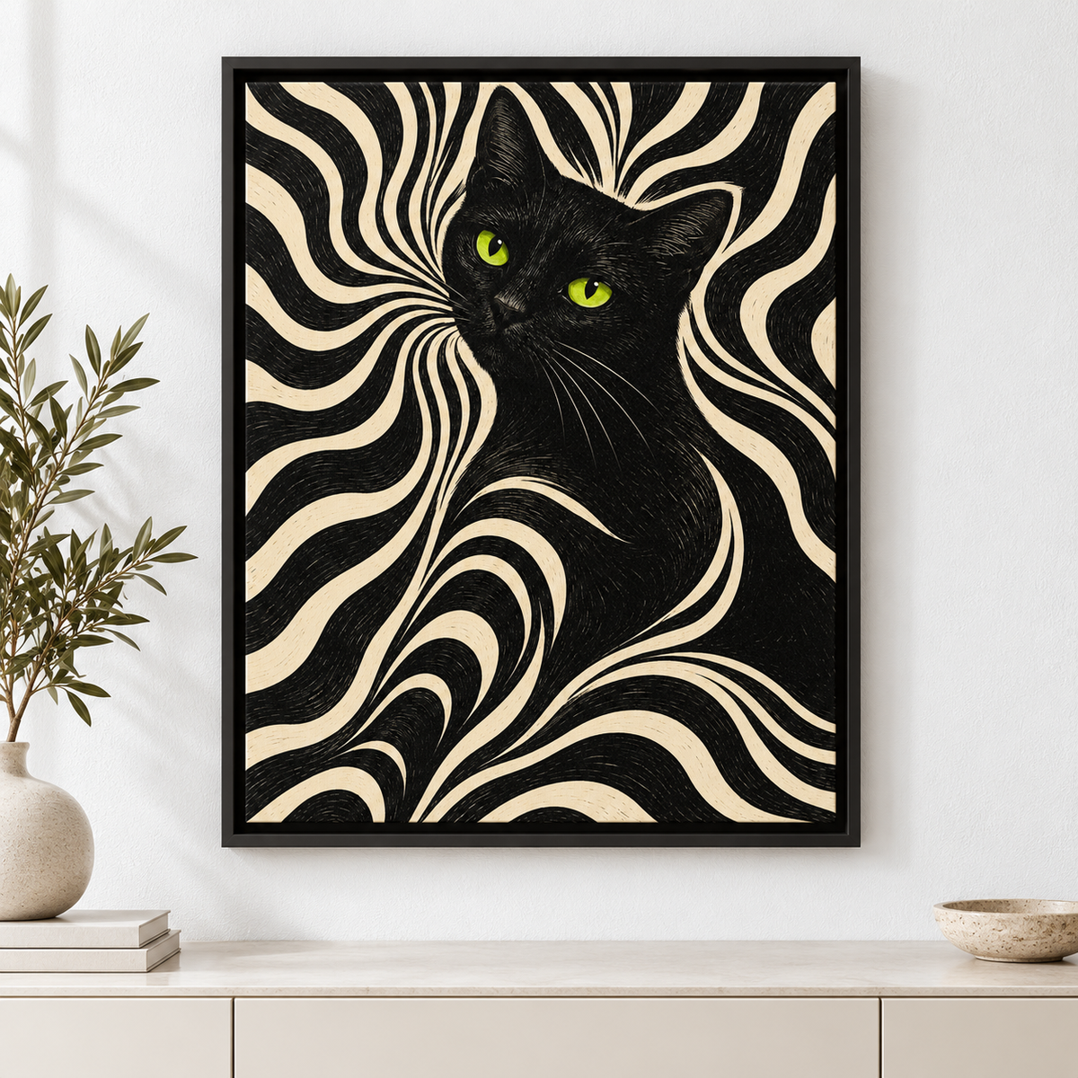 Retro Black Cat with Psychedelic Swirls Canvas Wall Art