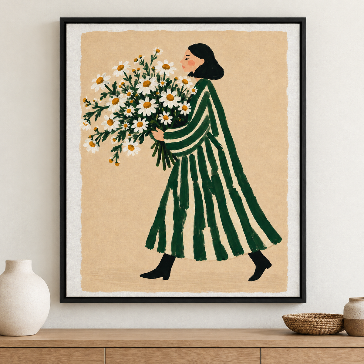 Woman with Daisy Bouquet Canvas Wall Art