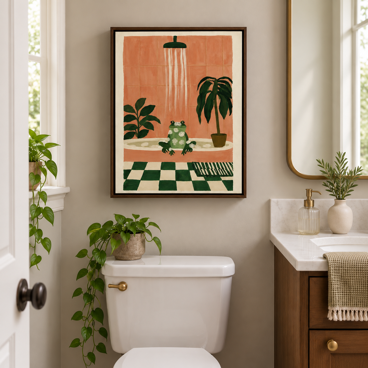 Funny Frog Bubble Bath Botanical Bathroom Canvas Wall Art
