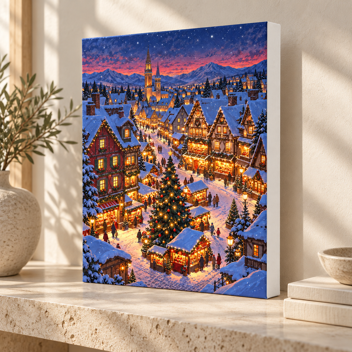 Snowy Alpine Christmas Market Village Canvas Wall Art - canvas detail view 6