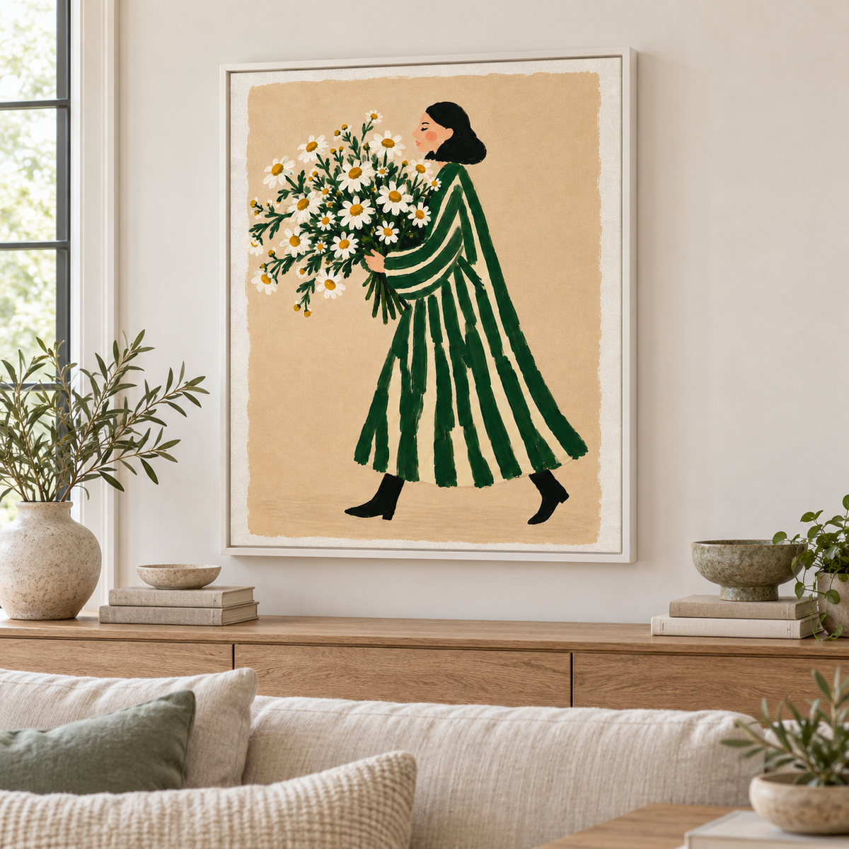 Woman with Daisy Bouquet Canvas Wall Art