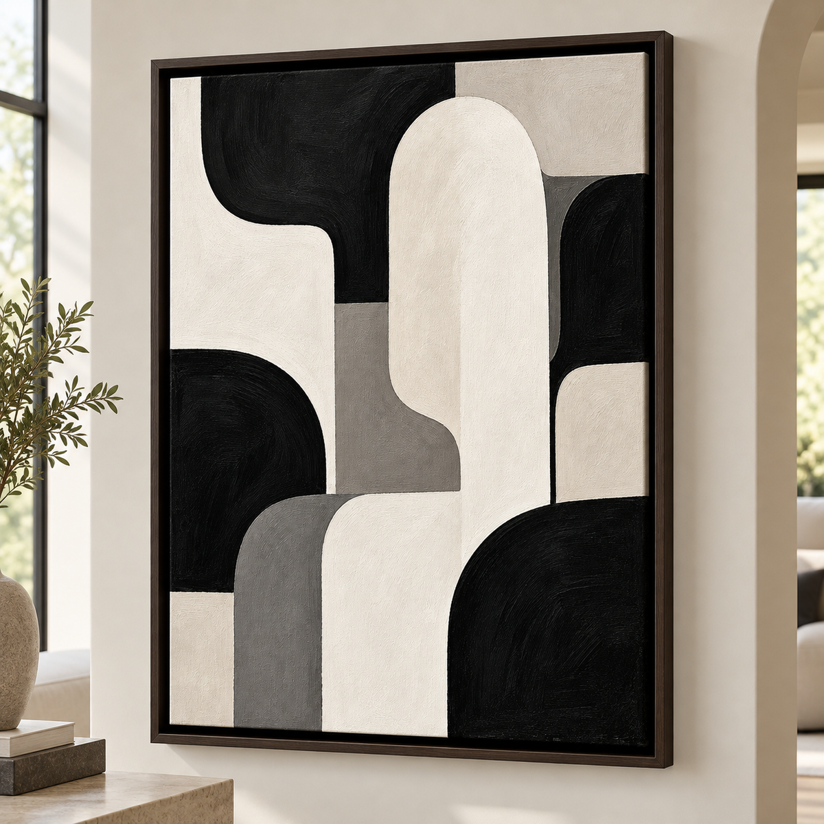 Black Cream and Gray Organic Shapes Canvas Wall Art