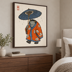 Japanese Frog in Orange Kimono with Umbrella Canvas Wall Art