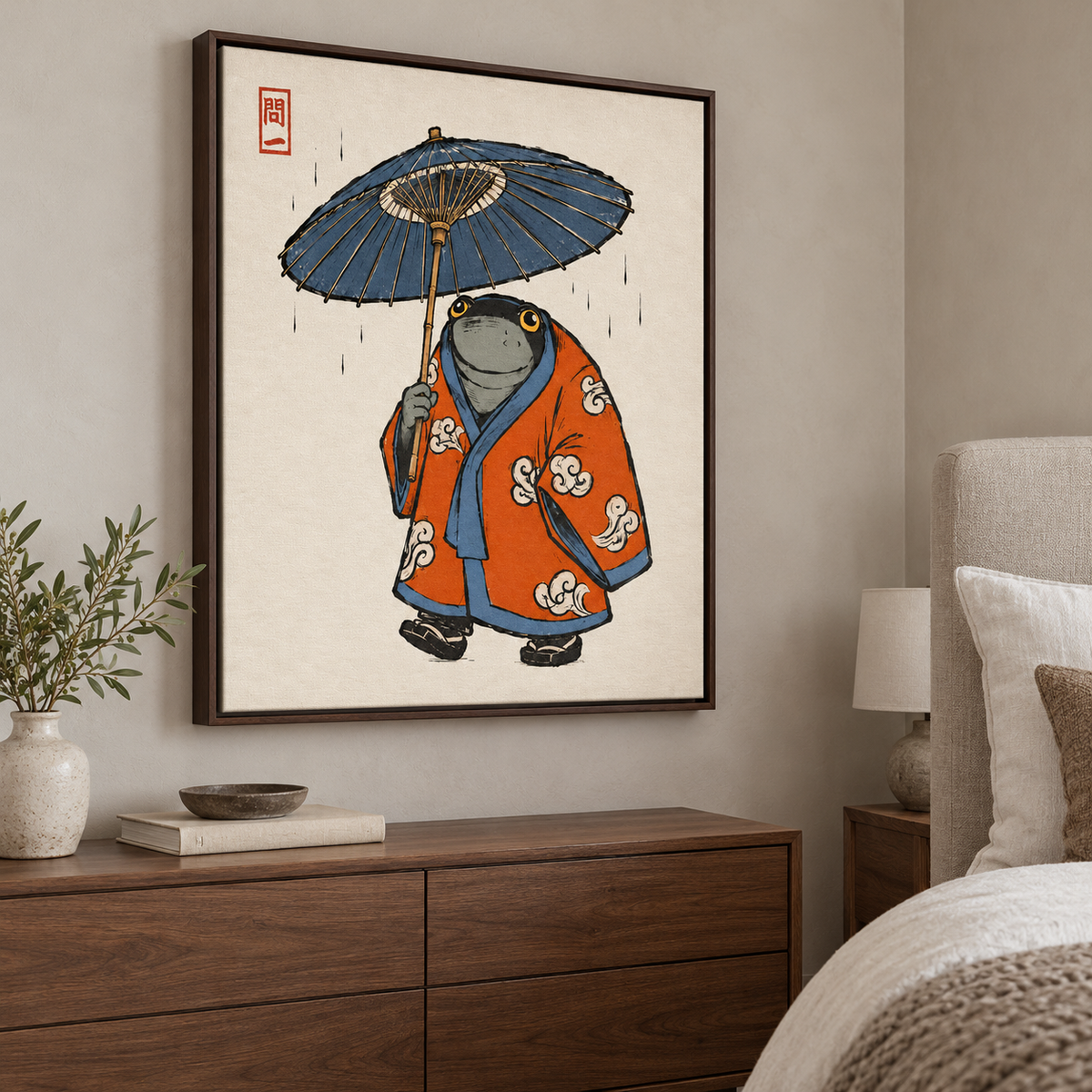 Japanese Frog in Orange Kimono with Umbrella Canvas Wall Art