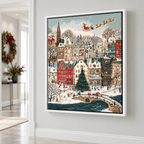 Snowy Christmas Village with Santa Sleigh Canvas Wall Art - holiday decor view