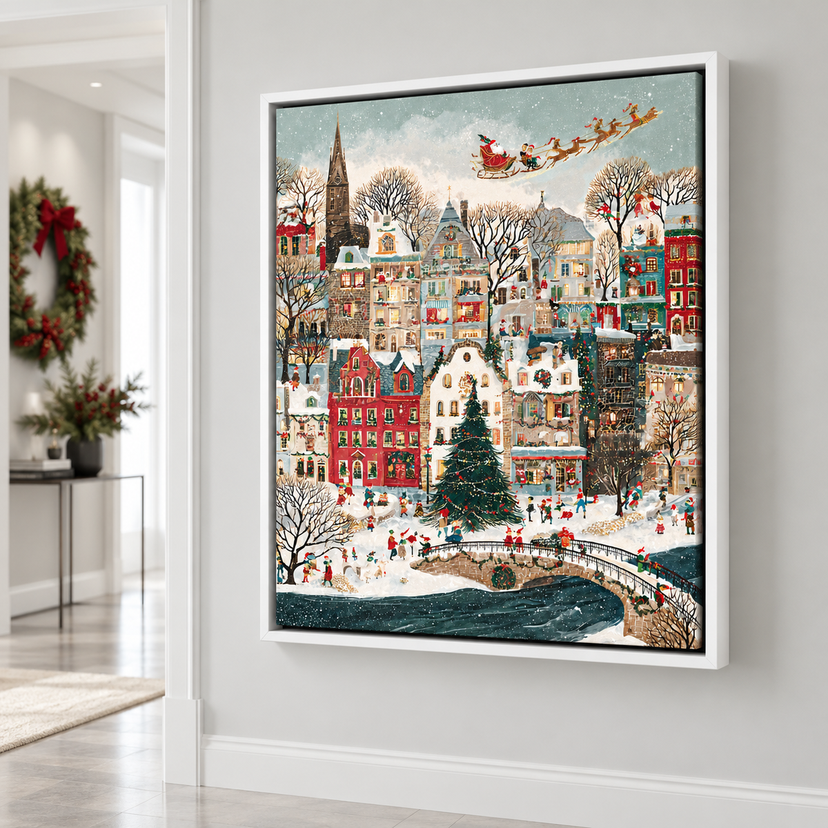 Snowy Christmas Village with Santa Sleigh Canvas Wall Art - holiday decor view