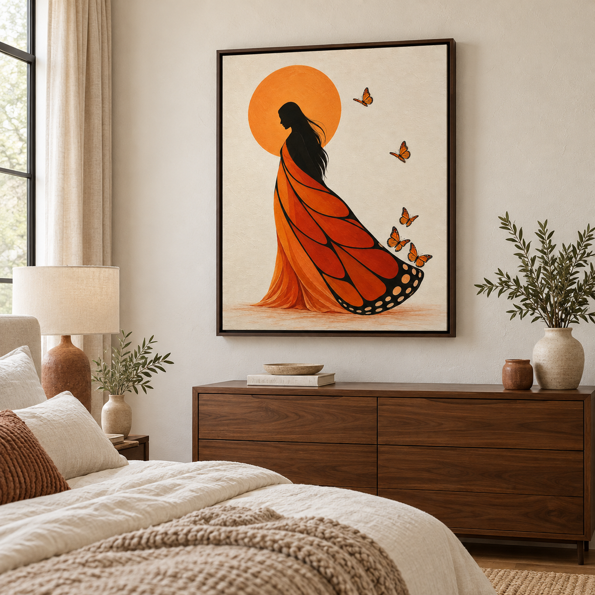 Orange Butterfly Dress Woman Canvas Wall Art