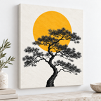 Japanese Pine Tree with Golden Sun Canvas Wall Art