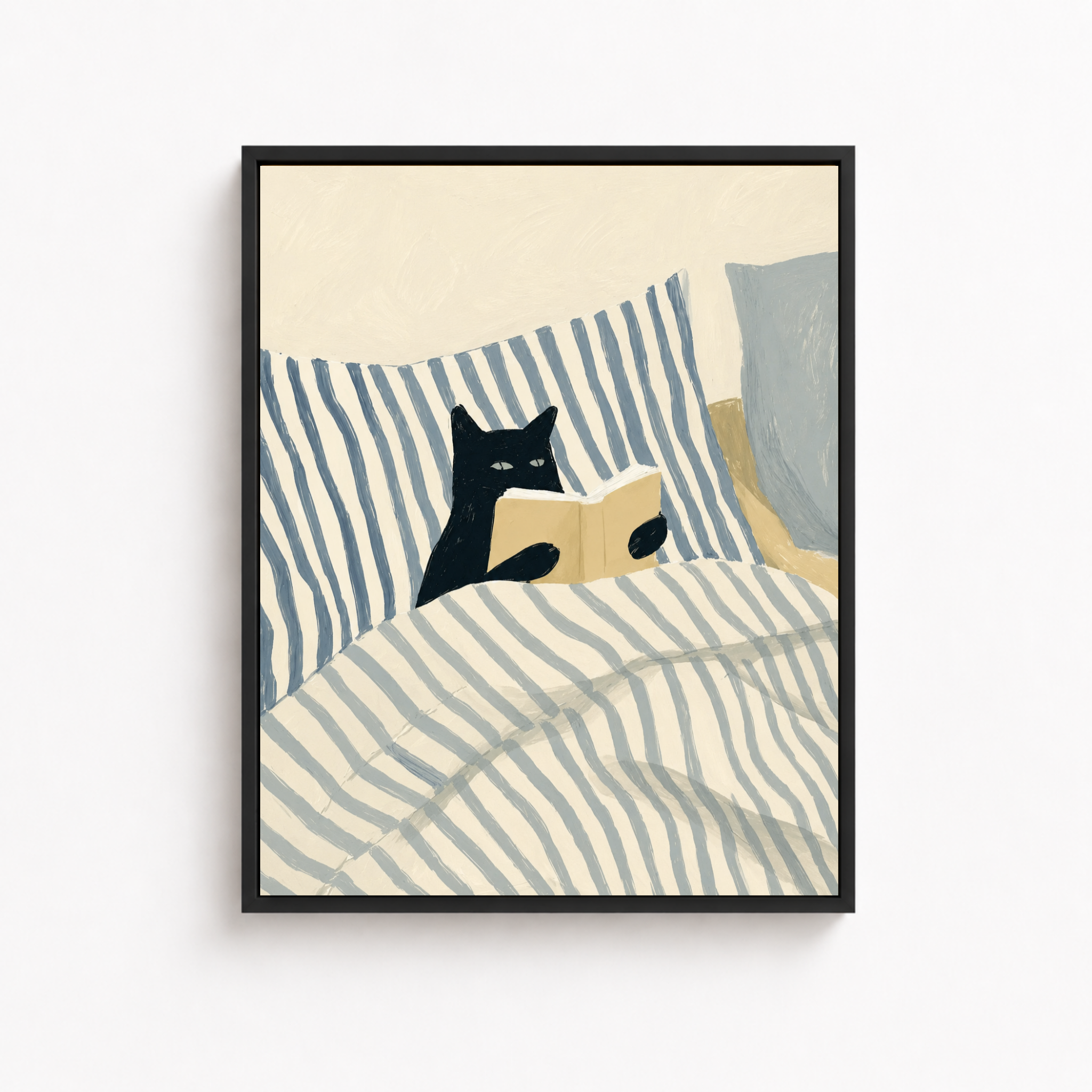 Black Cat Reading in Bed Canvas Wall Art Aura Canvas