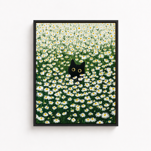 Black Cat Daisy Field Canvas Wall Art Aura Canvas