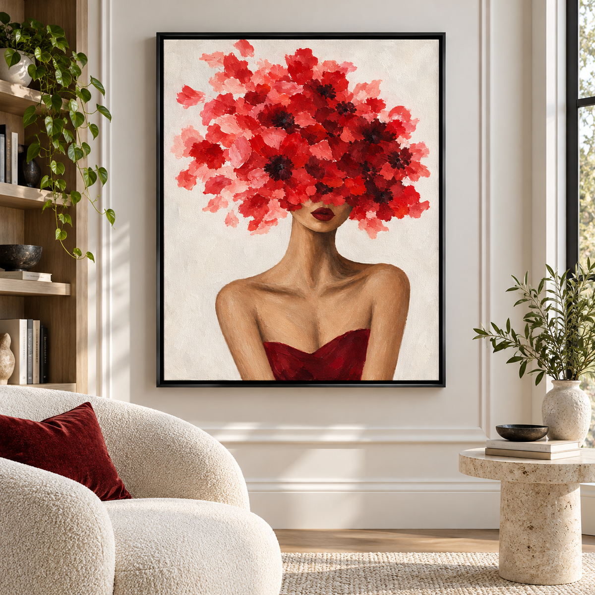 Red Floral Woman Portrait Canvas Wall Art
