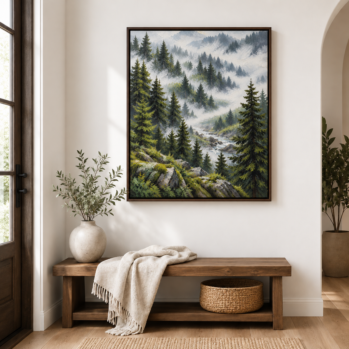 Misty Evergreen Forest and Mountain Stream Canvas Wall Art